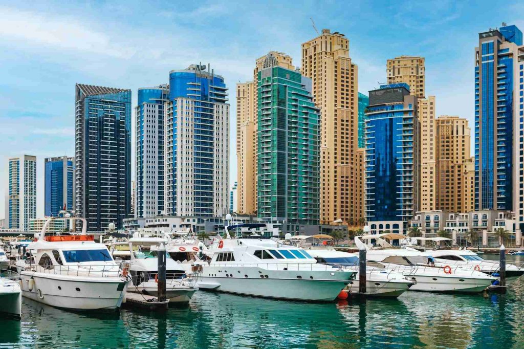 Dubai Marina skyscrapers and port in Dubai, United Arab Emirates