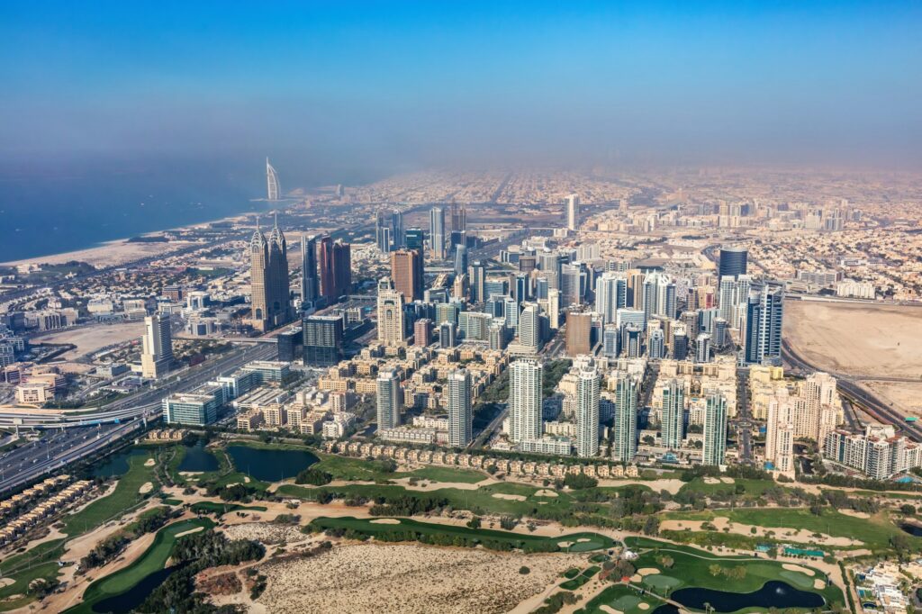 Dubai skyline at sunset.